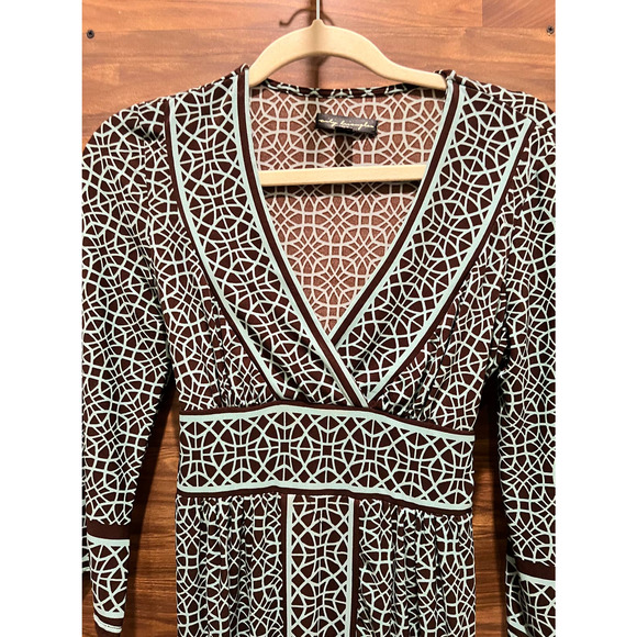 City Triangles Stretch Knit Sheath 3/4 Sleeve V Neck Mint Green & Brown Medium - Picture 5 of 12